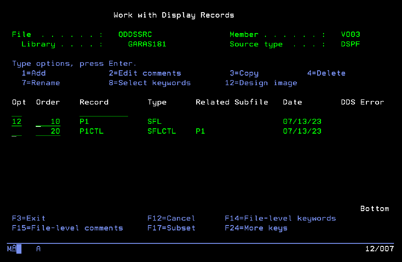 En Work with Display Records comenzamos a dibujar la planilla del subfile con 12 en P1