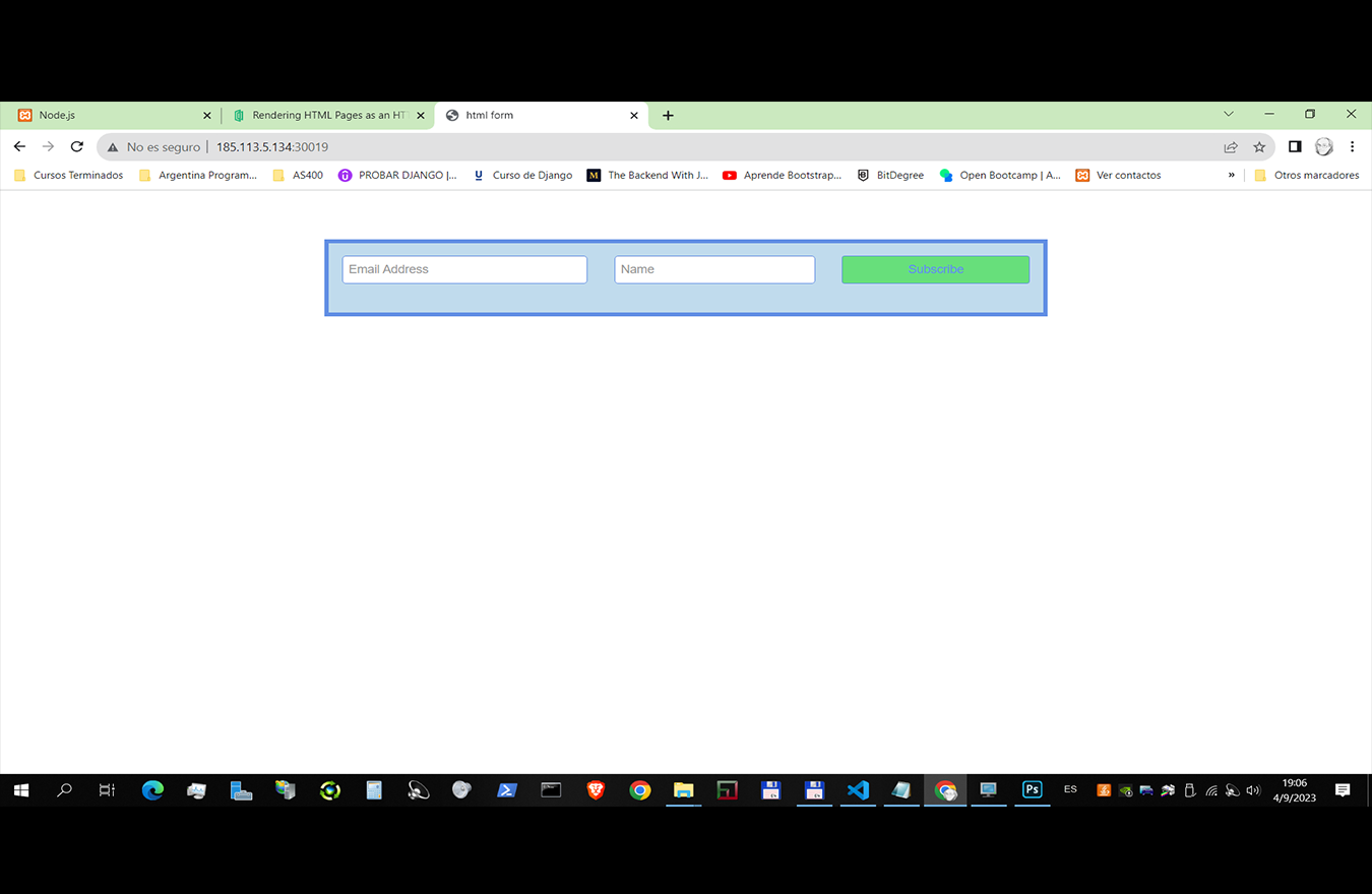 Navegador mostrando el FORM HTML con estilos CSS esperando el ingreso de datos.